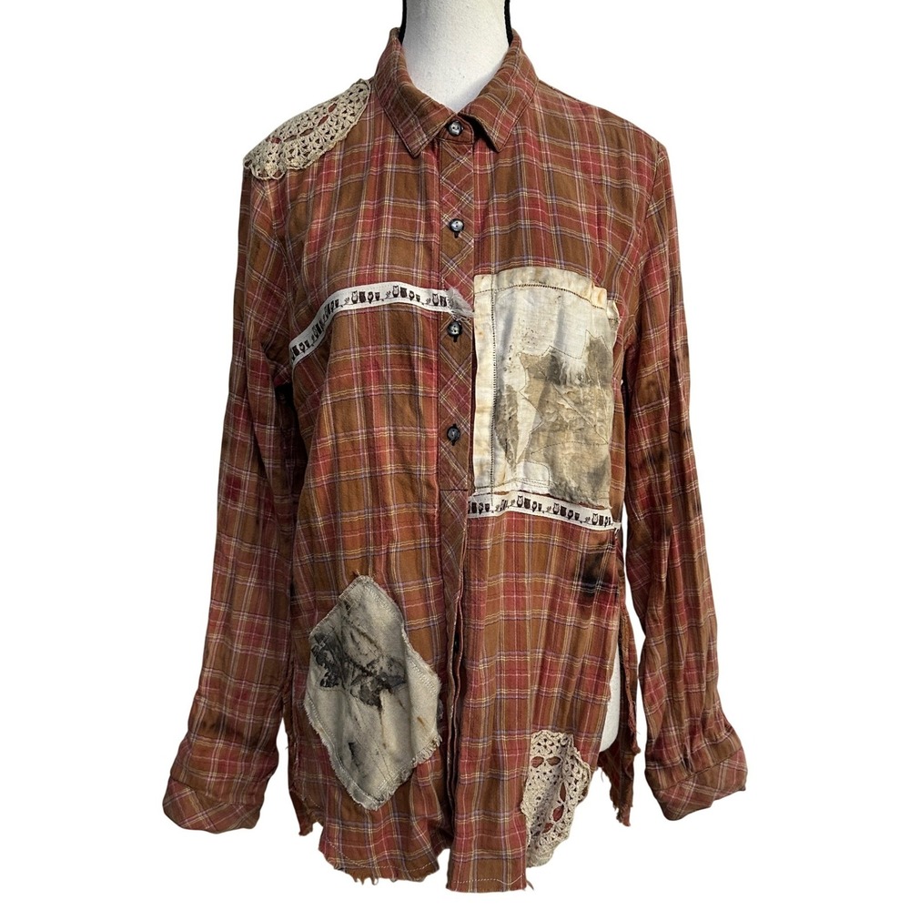 J Jill‎ Button Down Shirt Womens M Upcycled Plaid Lace Patchwork Grunge Cottage